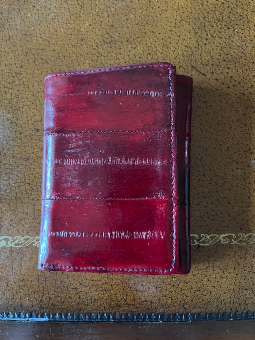 Red Genuine Eel Skin Trifold Wallet
